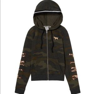 PINK Victoria Secret Rose Gold Bling Camo Zip Up Hoodie Size M